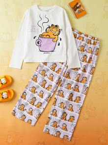 GARFIELD | SHEIN 2 件套青少年女孩针织休闲全身印花圆领长袖上衣和全印花直筒裤睡衣套装 - 白色 - 查看 1