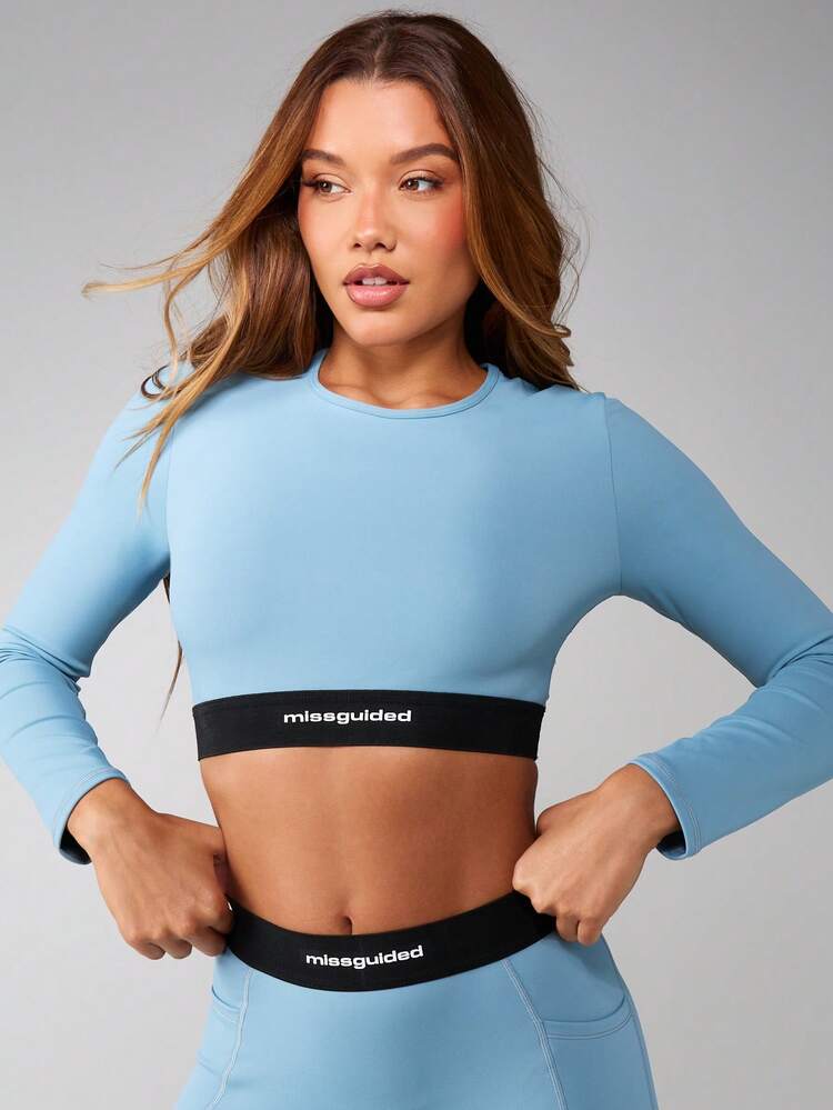 MISSGUIDED Long Sleeve Cropped Athletic Top With Logo Elastic Waistband For Active Lifestyle Training Fitness Exercise
