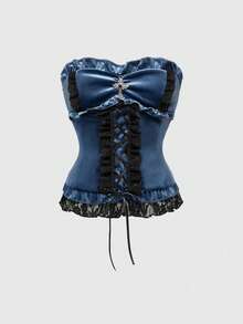 ROMWE Gothic Palace Style Lace Trim Velvet Women's Tube Top - Blue - View 1