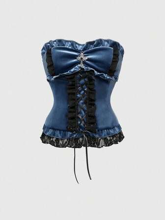 Goth Gotischer Palast-Stil Spitzenbesatz Samt Damen Bandeau-Top