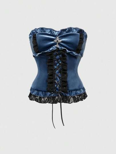 Goth Top tube en velours avec garniture en dentelle de style palais gothique pour femmes