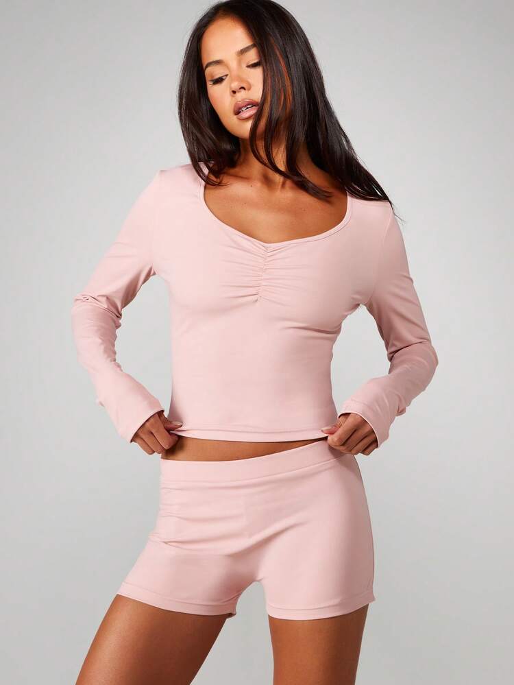 MISSGUIDED Ruched Front Long Sleeve V Neck Lounge Set With Mini Shorts For Women Casual Comfortable