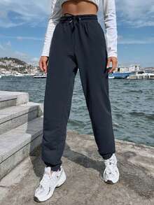 EURMUSE Women's Casual Solid Color Drawstring Waist Slant Pocket Jogger Sweatpants - Navy Blue - View 4