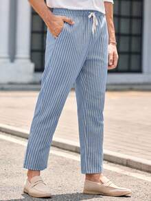 Manfinity VCAY Men's Casual Woven Striped Elastic Waist Cropped Pants - Blue - View 5