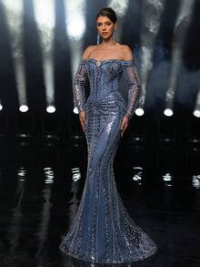 Glamrae Elegant Mist Blue Sequin Off Shoulder Long Sleeve Dress With Rhinestone Buttons,Fishtail Hem Trailing Luxury Formal Gala Wedding Event Birthday Party - Dusty Blue - View 8