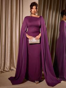 Elenzga 大码女式斜肩长袖开衩下摆修身优雅连衣裙 - 中紫紅色 - 查看 4