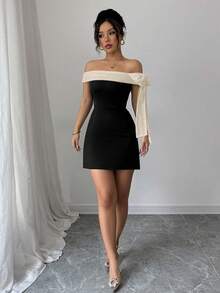 Rafferiza 女士优雅拼色蝴蝶结露肩连衣裙，夏季 - 黑色 - 查看 4