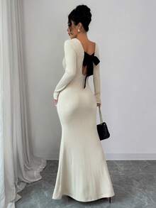 SHEIN Elenzya Women's Ribbed Knit Dress With Bow Back Detail, Elegant For Autumn/Winter - Apricot - View 2