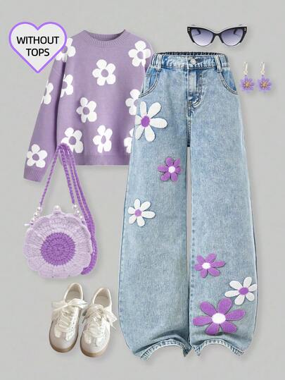 SHEIN ChillGRL Tween Girls' Fashion Washed Floral Flocking Wide Leg Jeans, Suitable For Autumn/Winter Casual Outings, School, Commute, Parties, Home, Vacation, Back To School Season Y2k 90s