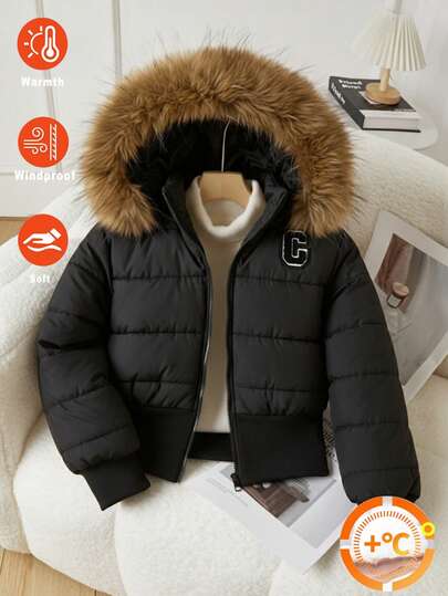 SHEIN Explorewe Girls' Casual Hooded Thickened Padded Coat, Brown Fur Collar, Embroidered Logo On Chest, Ribbed Cuffs And Hem, Slant Pockets, Suitable For Shopping, Walking, School, Commuting, Traveling, Can Be Paired With Sweaters, Long Sleeves, Pants