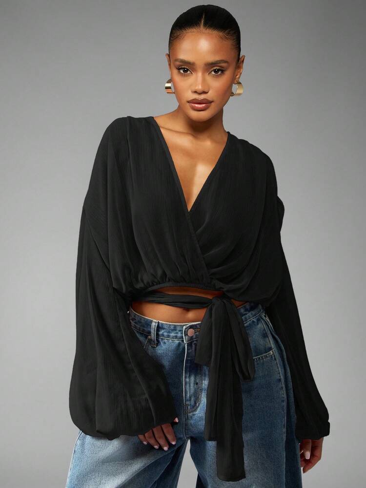 MISSGUIDED Oversized Wrap Front Blouse With Balloon Sleeves And Tie Detail For Casual And Office Wear