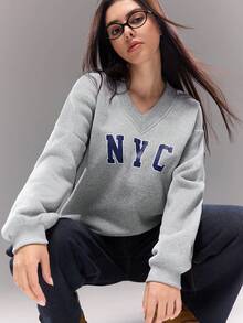 Áo thun cổ chữ V cho bé gái, áo thun dài tay in chữ dáng rộng, áo chui đầu thời trang thường ngày, phù hợp cho mùa thu/đông, ngày lễ, mùa hè, du lịch - Xám - Xem 5