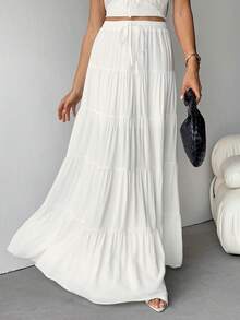 SHEIN Tall 女士春夏新品纯米色亚麻长款A字裙，优雅休闲波西米亚风长裙，适合秋冬聚会、约会 - 白色 - 查看 6