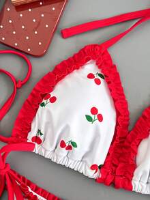 Swim Mod Women's Cute Cherry Print Triangle Cup Halter Tie Sexy Bikini Set