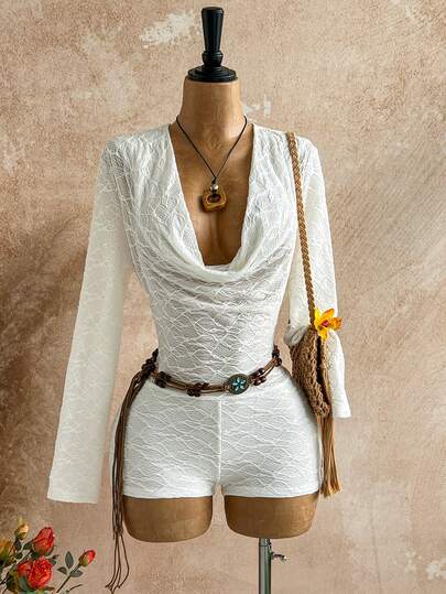  Soleia 女士假日象牙色针织纹理性感深垂领露背吊带连体裤，适合节日约会、下午茶、海滩、游轮、海岛度假、城市度假、婚礼季、音乐节、波西米亚度假海滩装，可内穿或外穿