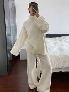 DAZY 女士纯色宽松高领开叉毛衣和直筒裤休闲优雅厚实两件套，秋冬 - 白色 - 查看 11