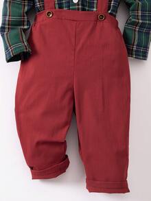 SHEIN 男婴都市学院风可爱绿色格子长袖翻领衬衫和松紧腰连体裤绅士装套装 - 彩色 - 查看 6