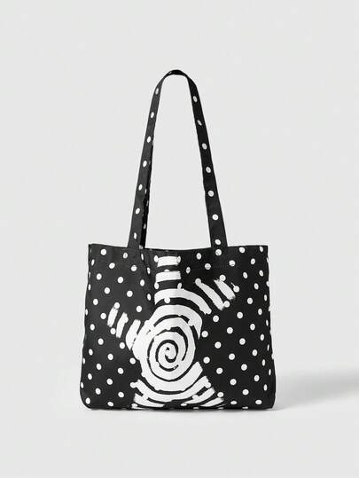 Anime Rotating Star & Polka Dot Multifunction Large Capacity Black Shoulder Bag, Fashion Versatile Tote Bag Fits Laptop, Suitable For Daily Commute