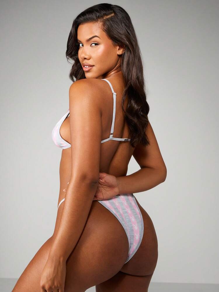 Missguided x Playboy Triangle Print Bralette And Matching Panty Set With Bow Details