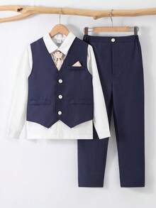 SHEIN 3 件套青少年男孩韩版修身商务正装西装背心、直筒裤和可拆卸领带 3 件套，适合日常穿着、宴会、派对、主持、唱歌表演等场合，适合夏季、春季和秋季 - 藏蓝色 - 查看 8