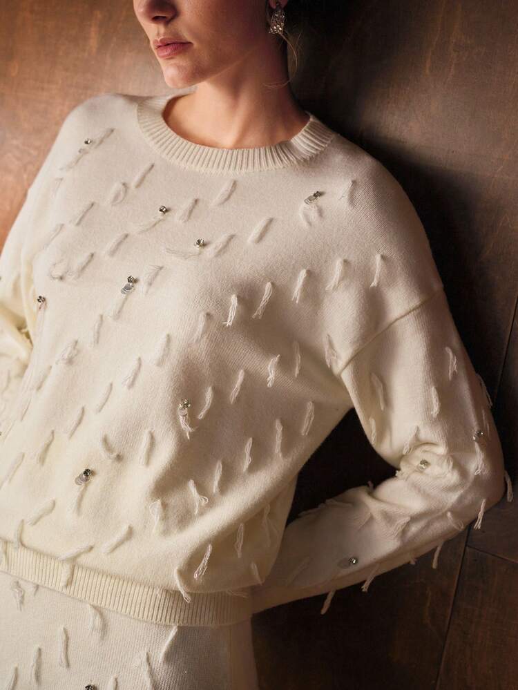 라인스톤 프린지 디테일 드롭 숄더 오버사이즈 스웨터 & 니트 스커트 세트