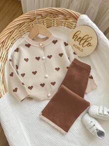 SHEIN Baby Girl Heart Pattern Long Sleeve Button-Up Knit Cardigan And Knit Pants Set Autumn Winter Clothes For Women