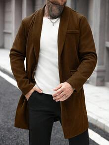 Manfinity Homme 男士纯色口袋纽扣长袖大衣，秋季男士棕色外套，休闲商务风，冬季款 - 棕色 - 查看 7