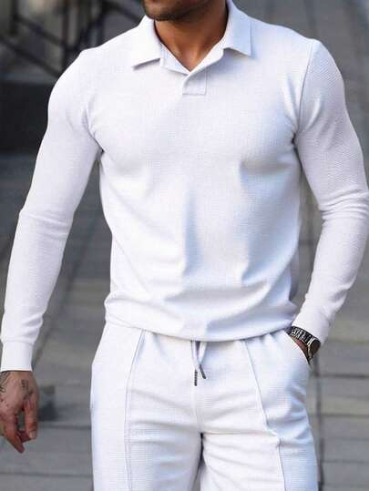 Manfinity CasualCool Men's Solid Color Long Sleeve Casual Commuter Polo Shirt Casual Men Long Sleeve White Polo Shirt