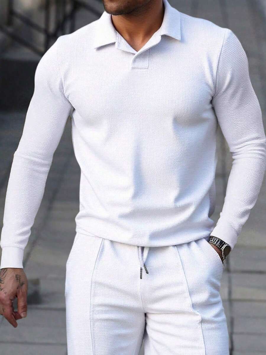 Manfinity CasualCool Men's Solid Color Long Sleeve Casual Commuter Polo Shirt Casual Men Long Sleeve White Polo Shirt - White - View 1