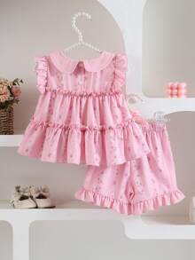 Elladie kids 女婴优雅可爱刺绣彼得潘领荷叶边背心和短裤套装，适合日常外出、度假、公园玩耍、夏季 - 粉色 - 查看 2