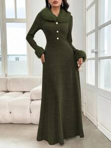 Modelyn 女士前扣长袖蓬松拼接休闲宽松连衣裙长款晚礼服 - 綠色 - 查看 4