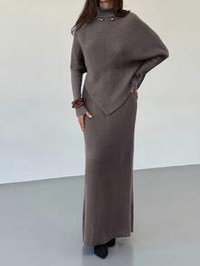 Aloruh 紫色针织两件套 新款冬季加厚女式毛衣裙宽松两件套 - 咖啡棕 - 查看 3