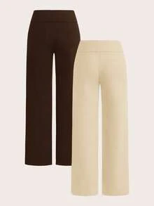 SHEIN EZwear 2 件女士休闲高腰翻领阔腿直筒裤，棕色和杏色，适合春秋季 - 彩色 - 查看 2