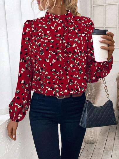 EMERY ROSE Women's Casual Red Blouse With Random Print Frill Details Stand Collar Bishop Sleeves