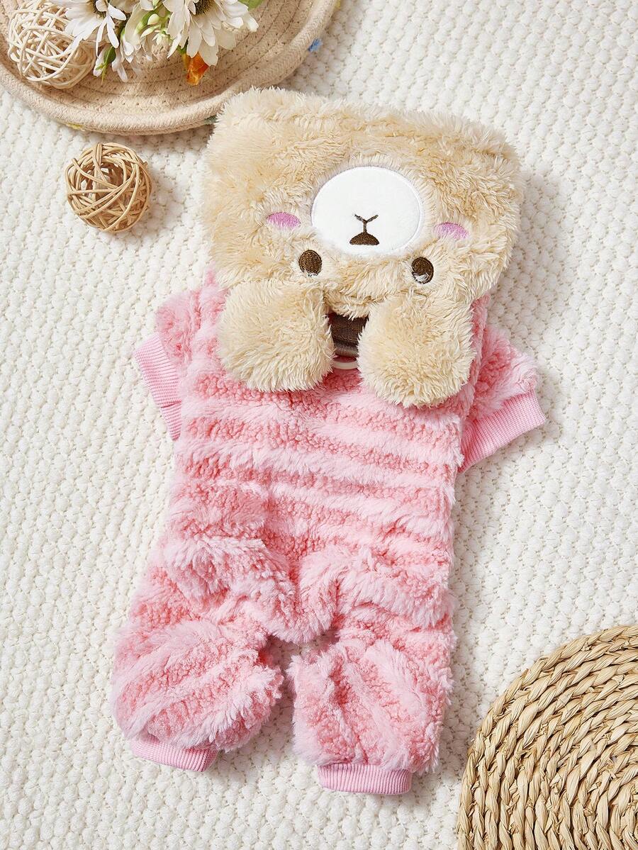 PETSIN Bộ đồ liền thân lông cừu bốn chân mùa thu/đông cho thú cưng – Bộ đồ liền thân dày dặn, ấm áp, chống gió cho chó nhỏ, mèo và động vật nhỏ | Bộ đồ ngủ toàn thân dễ thương và ấm áp cho trong nhà/ngoài trời - Hồng - Xem 1