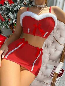 SHEIN 2件套圣诞女士性感内衣套装 - 紅白色 - 查看 5