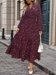 EMERY ROSE V-Neck Floral Print Casual Versatile Long Sleeve Dress Maxi Women Outfit - Burgundy - View 5