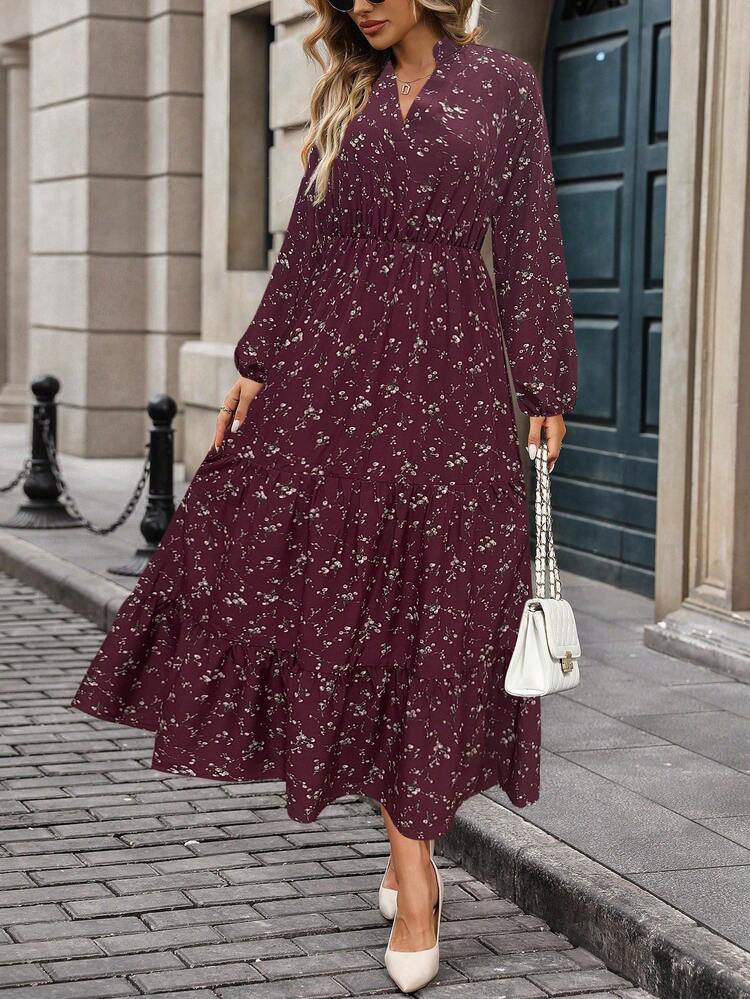 Vestido Longo Casual Versátil de Manga Longa com Decote em V e Estampa Floral para Mulheres - Vinho - Visão 5