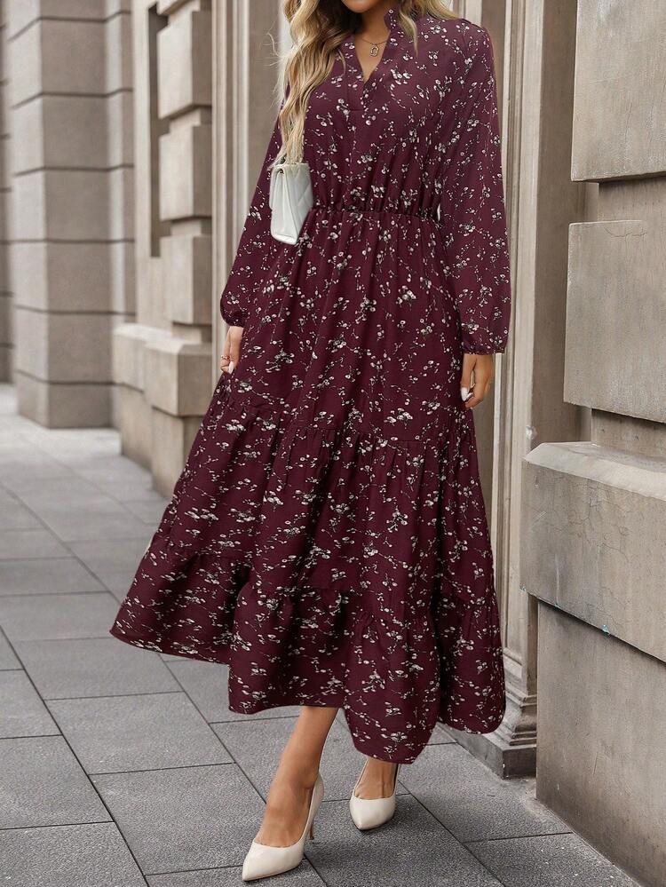 Vestido Longo Casual Versátil de Manga Longa com Decote em V e Estampa Floral para Mulheres - Vinho - Visão 6