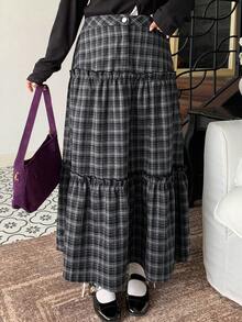 Dazy Plus 加大码 A 字格子裙，松紧腰，女士休闲长裙，春秋季