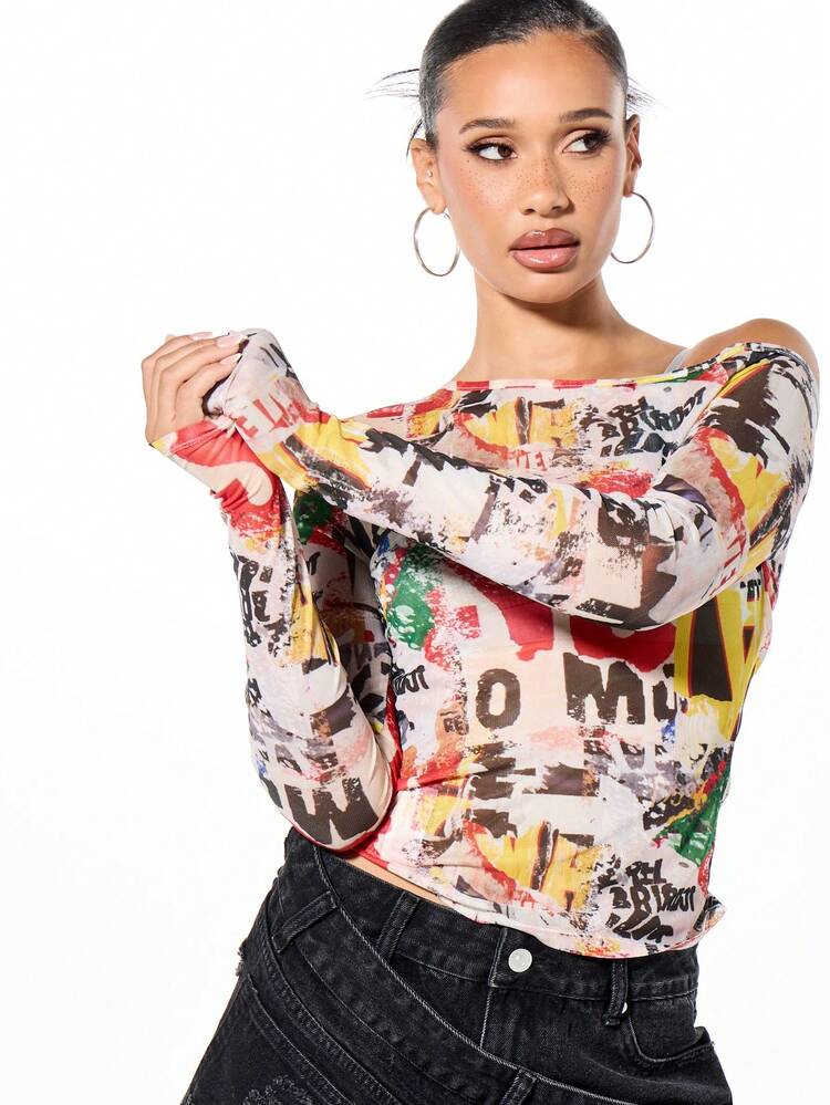 SUMWON WOMEN Off Shoulder Graffiti Print Mesh Top