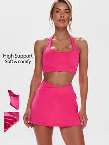 Musera Sport Halterneck Solid Color Backless Bra Active Workout Gym ,Padel Tennis Racquetball Pickleball Gym Summer - Hot Pink - View 1