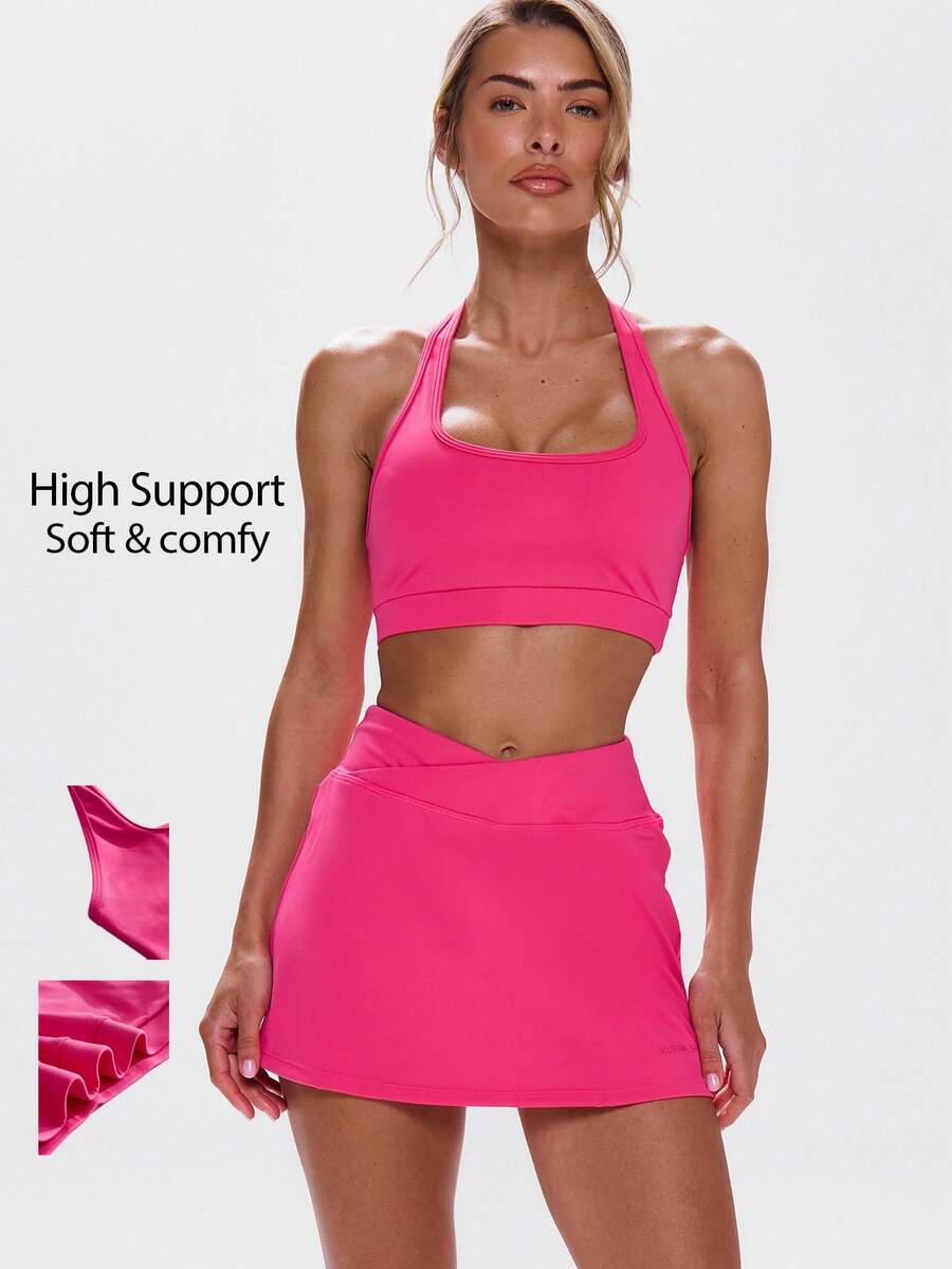 Musera Sport Halterneck Solid Color Backless Bra Active Workout Gym ,Padel Tennis Racquetball Pickleball Gym Summer - Hot Pink - View 1
