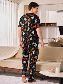 CoupledUp Halloween Pumpkin & Letter Print Crew Neck Short Sleeve Top And Pants 2 Pieces Pajama Set - Multicolor - View 3