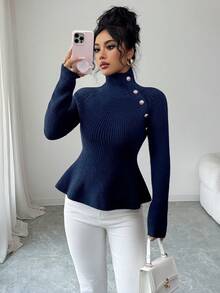 SHEIN Elenzya 女士优雅通勤蓝色金属纽扣高领双面肩袖腰部修身针织毛衣，秋冬 - 藍色 - 查看 3