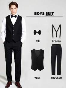 SHEIN Set de 2 piezas Conjunto de caballero para adolescentes - Chaleco negro slim fit + Pantalones texturizados + Tirantes + Pajarita, Traje formal elegante para cumpleaños, boda, invitado de boda, paje, portador de anillos - Negro - Ver 3