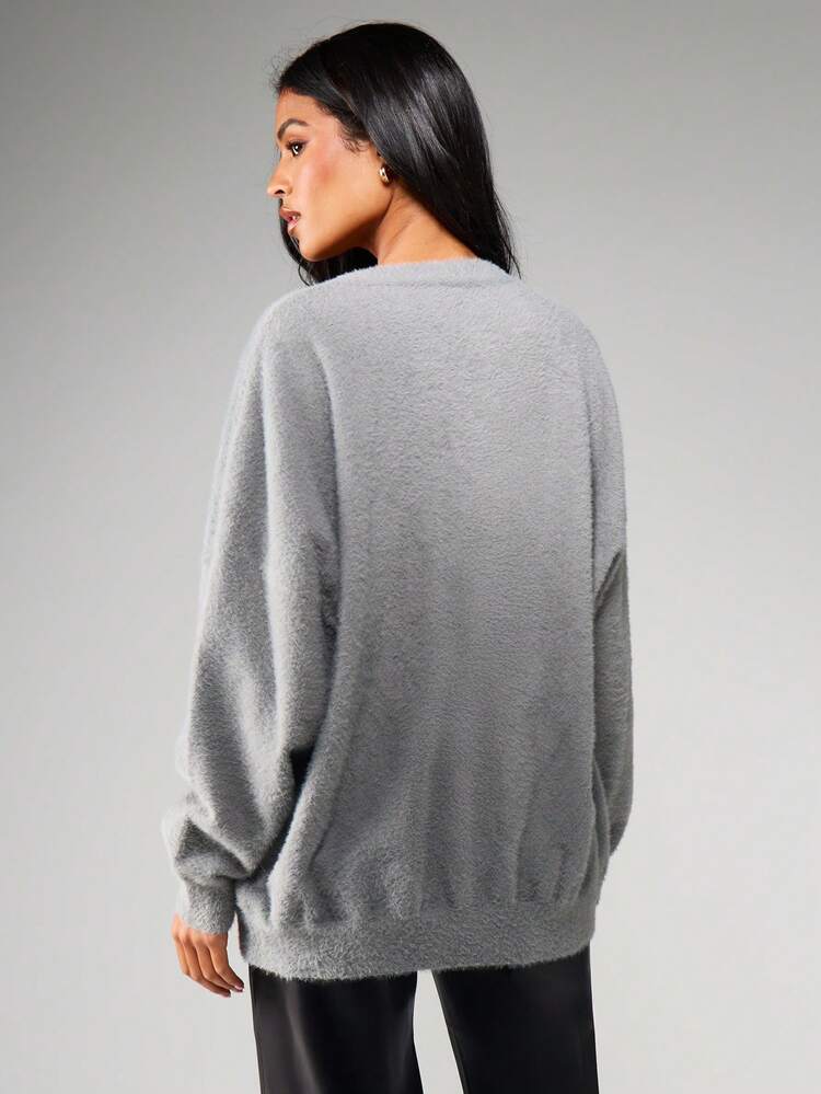 MISSGUIDED オーバーサイズ フラッフィーニットボタン前開きカーディガン ゴールドハードウェア Vネック 長袖 あたたかい 秋冬