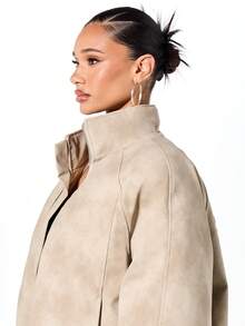 SUMWON WOMEN Oversized Beige Bomber Jacket With Stand Collar Full Zip Closure Side Pockets Embossed Back Logo Perfect For Fall Winter Street Style Casual Layering - Grey - View 7