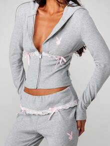 Missguided x Playboy 罗纹连帽拉链上衣，蕾丝边细节，打造日常休闲舒适感 - 淺灰色 - 查看 6