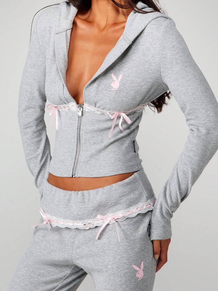 Missguided x Playboy Ribbed Hooded Zip Through Top With Lace Trim Detail For Casual Everyday Comfort